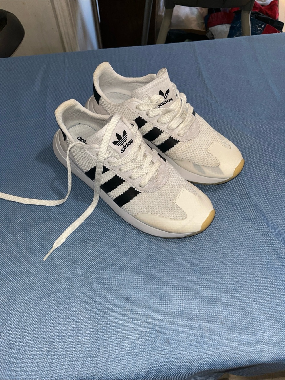 adidas White Sneakers with Black Three-Stripes and Tan Toe
